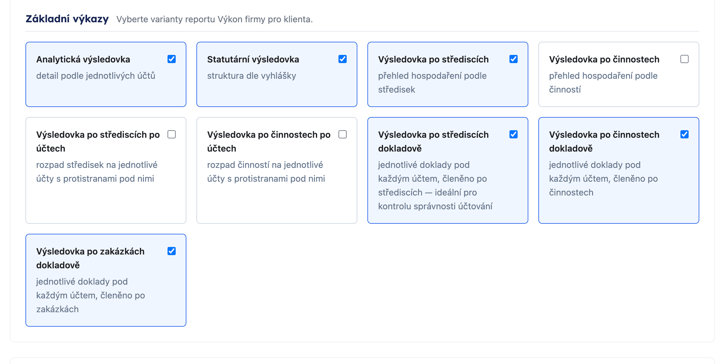 Základní výkazy v nastavení Výkonu firmy s dlaždicemi dokladových výsledovek