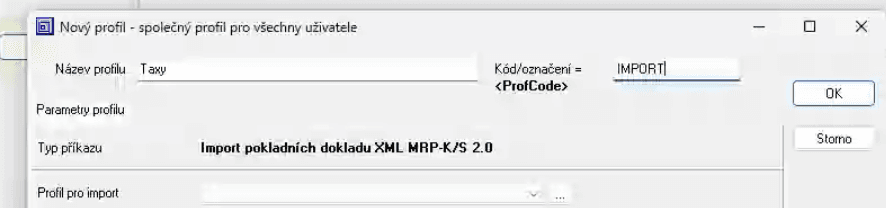 MRP – dialog Nový profil s názvem Taxy a kódem IMPORT