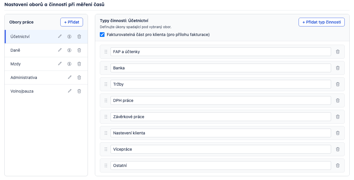 Nastavení oborů práce a typů činností s označením fakturovatelné části