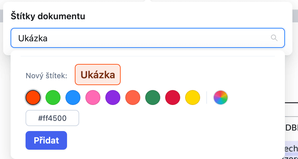 Založení nového štítku v okně Štítky dokumentu s paletou, vlastní barvou a HEX polem